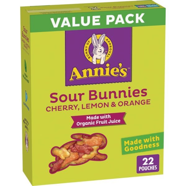 Annie'S Sour Bunnies Fruit Flavored Kids Snacks, Cherry, Lemon and Orange Flavors, School Lunch Snacks Value Pack, 22 Ct, 15.4 Oz