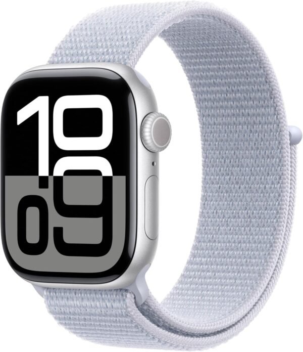 Watch Series 10 [GPS 42Mm Case] Smartwatch with Silver Aluminium Case with Blue Cloud Sport Loop. Fitness Tracker, ECG App, Always-On Retina Display, Carbon Neutral